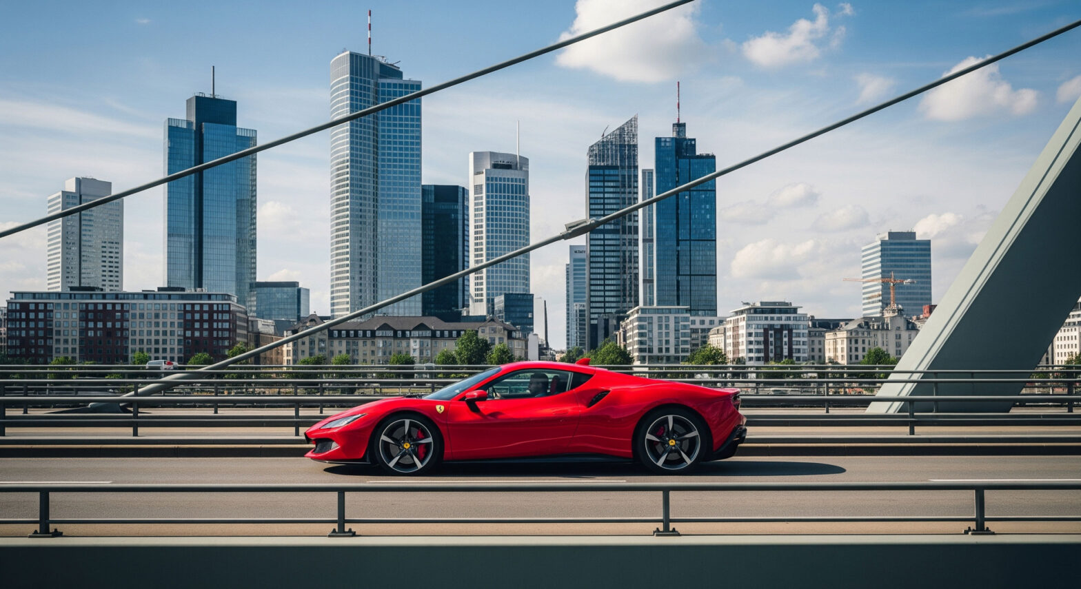Roter Ferrari fährt auf Brücke