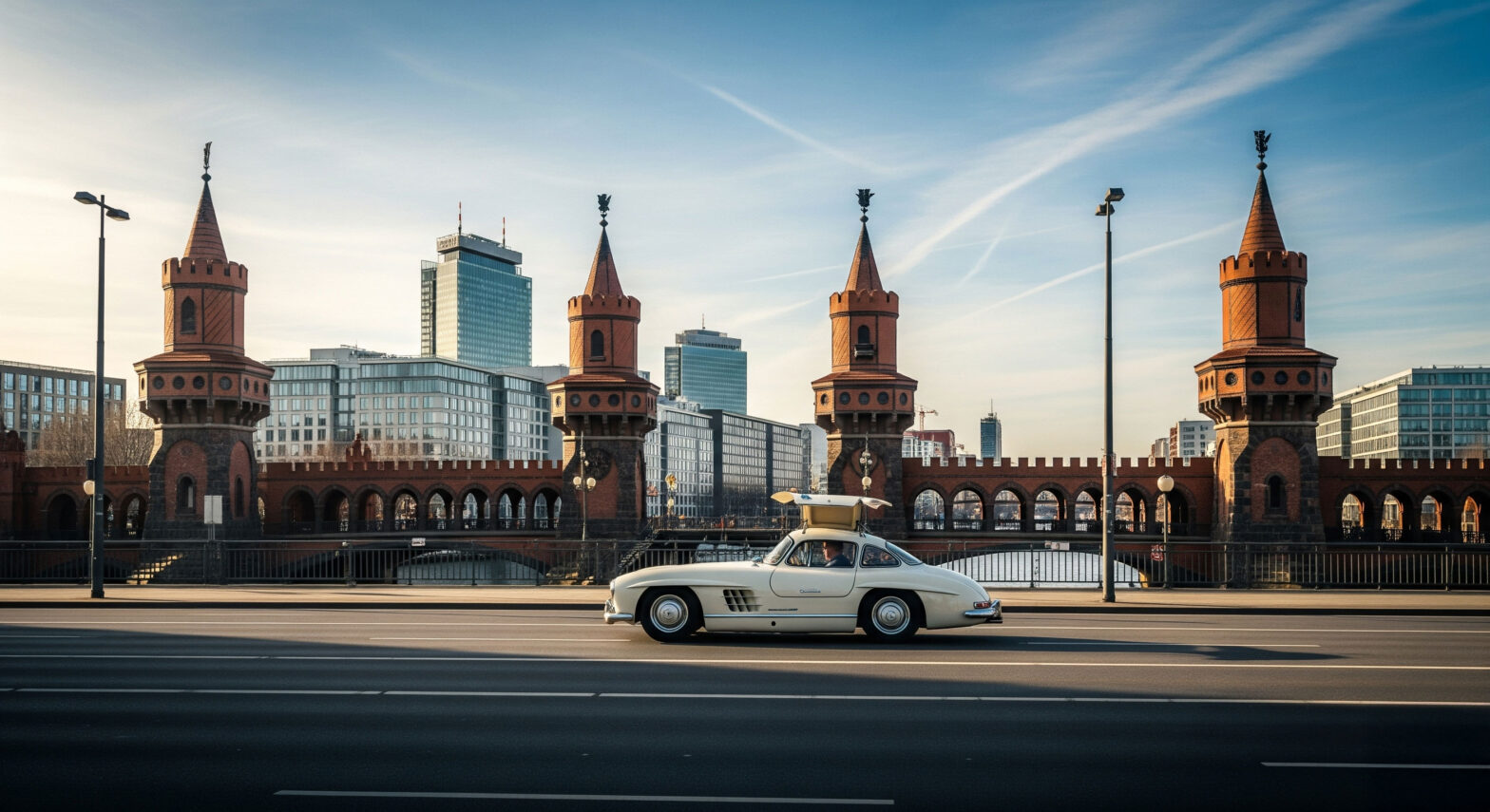 Oldtimer fährt auf Brücke