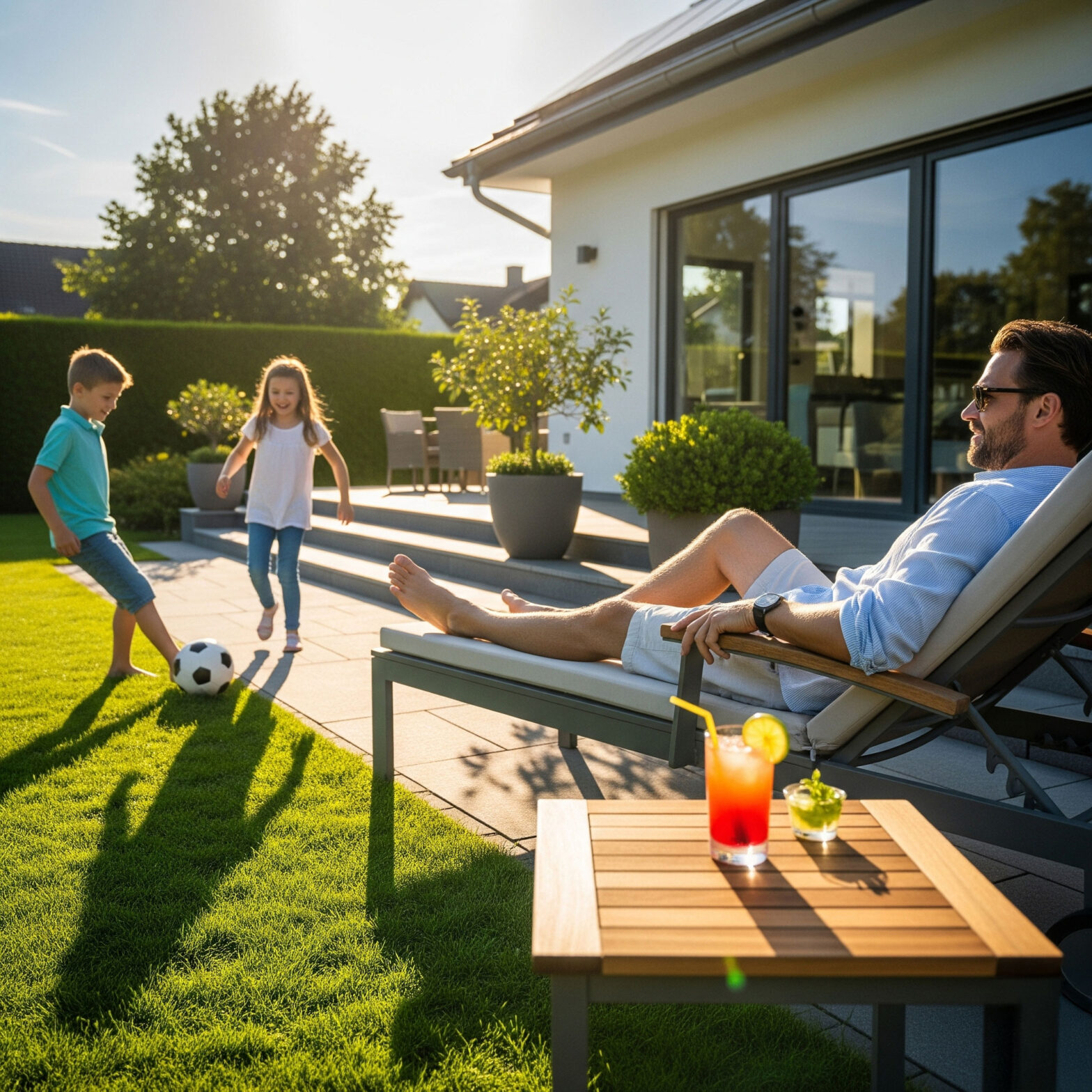 Privatier liegt auf Sommerliege und Kinder spielen vor Ihm Fußball
